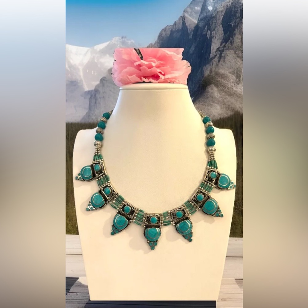 Vintage & unique tribal style handcrafted necklace with turquoise,Tibetan silver
